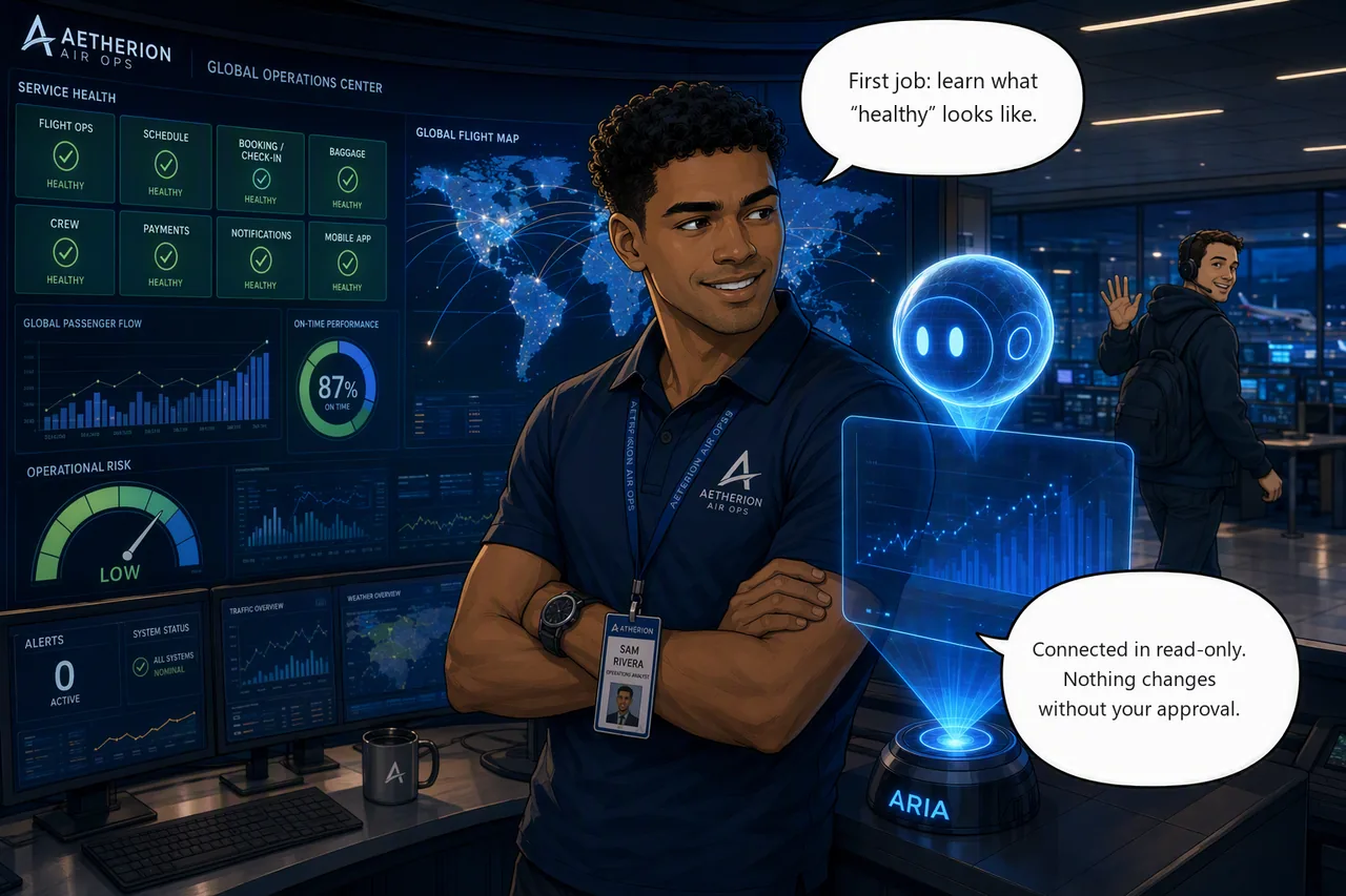 Challenge 1 storyboard: Sam and Aria onboard the SRE Agent and read the baseline