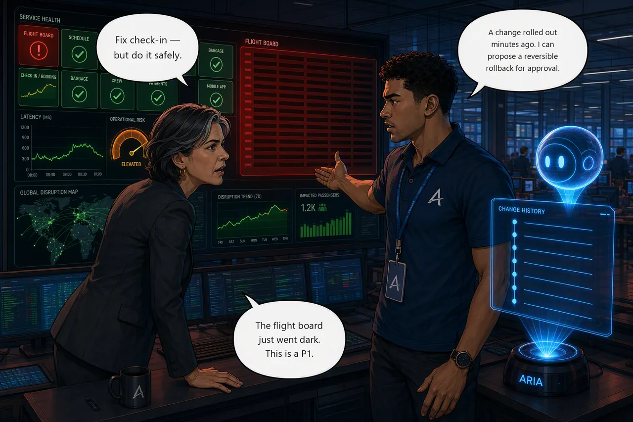 Challenge 3 storyboard: Sam, Aria and Elena run a controlled recovery and correlate the change