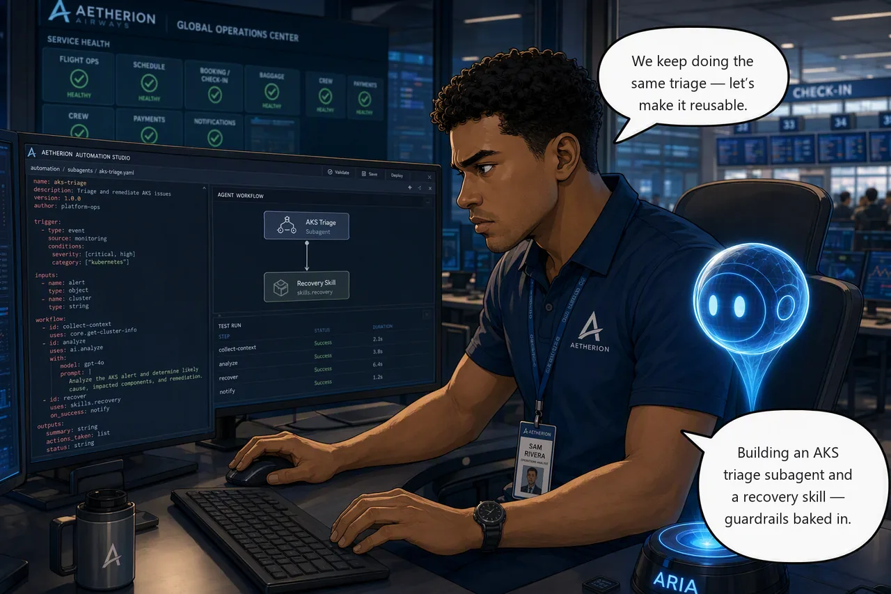 Challenge 5 storyboard: Sam and Aria engineer a specialist subagent and reusable skill