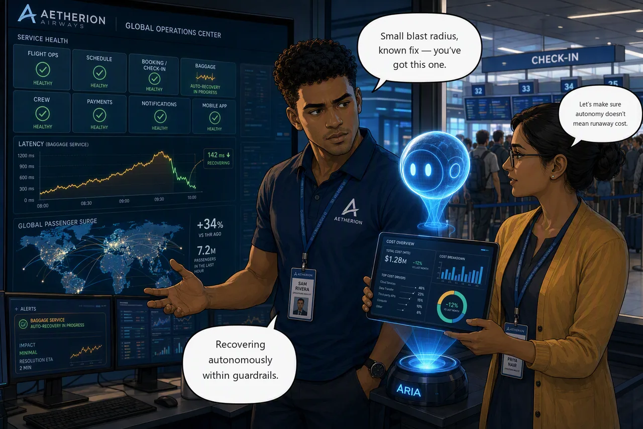 Challenge 6 storyboard: Sam, Priya and Aria review autonomous recovery and cost governance