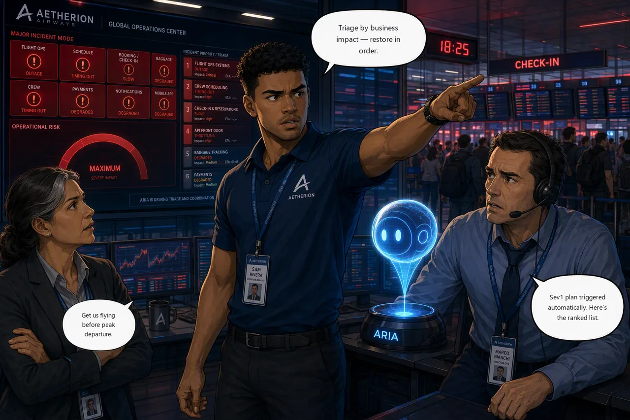 Challenge 7 storyboard: Sam, Aria and Elena restore global check-in before peak departure