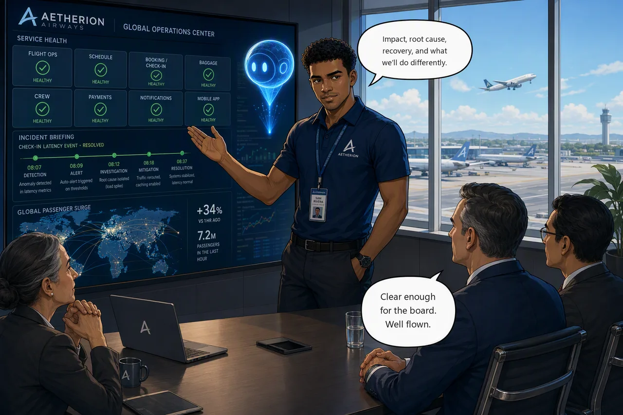 Challenge 8 storyboard: Sam and Elena brief airline leadership as boarding resumes