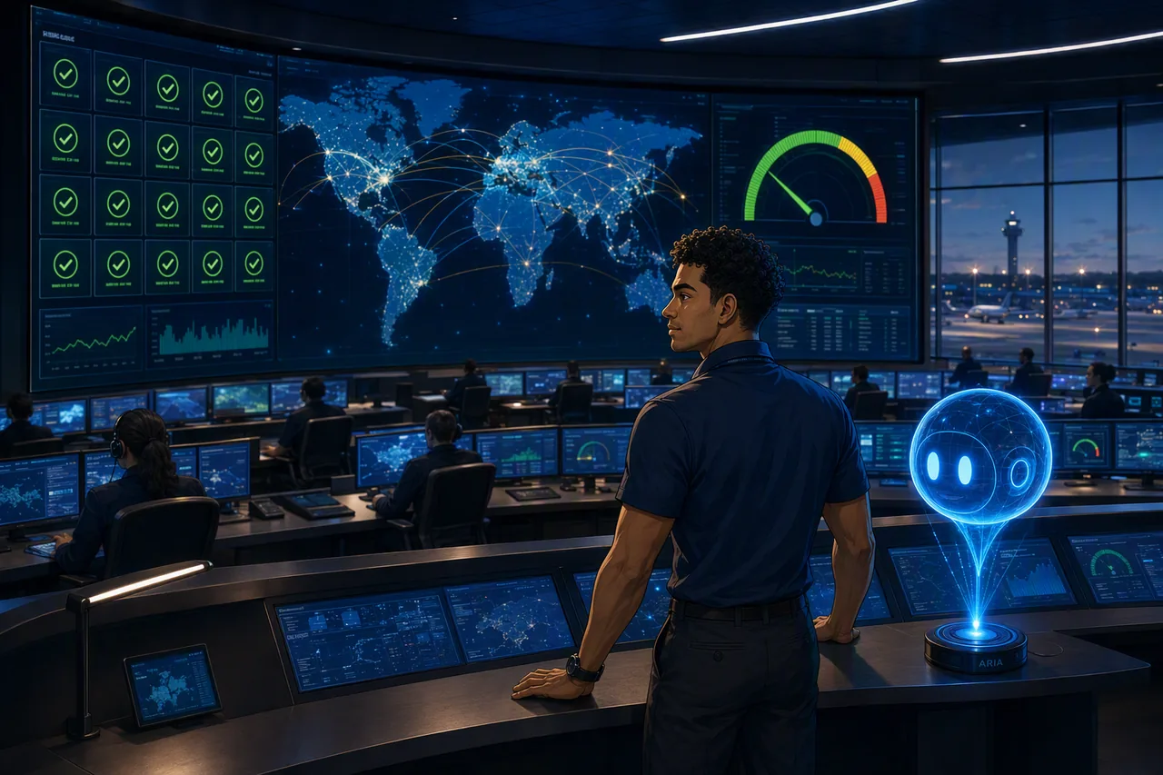 Aetherion AirOps Global Operations Center: Sam and the Aria SRE agent at the start of a shift, every service healthy